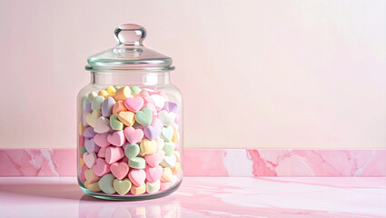 Pastel heart shaped sugar candies in jar over pink marble background