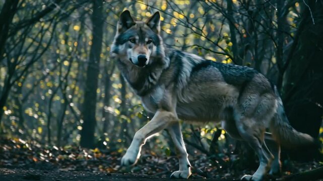 A majestic grey wolf strides gracefully through the dense, atmospheric woodland, its gaze sharp and focused as it navigates the wild forest environment with silent power