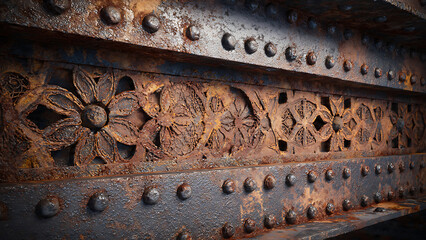 An abstract background featuring the delicate, intricate patterns of 17th-century Flemish lace, but constructed from heavy, rusted industrial iron beams and rivets.
