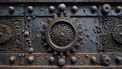 An abstract background featuring the delicate, intricate patterns of 17th-century Flemish lace, but constructed from heavy, rusted industrial iron beams and rivets.