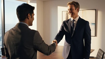 Successful business partners shaking hands in a modern office with expansive city views symbolizing collaboration deal closing and professional success in a corporate environment