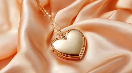 A close-up shot of a shiny golden heart-shaped locket resting on a luxurious peach-colored satin fabric, creating soft folds and reflections.