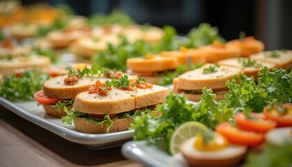 Various sandwiches and salads arranged on platters. Small bites and finger foods are prepared for an office meal or event. Fresh greens and garnishes add appeal to the catered buffet.