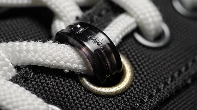Extreme Macro Close-Up Of White Laces Threaded Through Black Fabric Eyelets With Metallic Grommets And A Dark Plastic Accent Piece Reflecting Light In A Shallow Depth Of Field