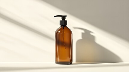 Amber glass pump bottle with black dispenser casting striped shadows on a light background.
