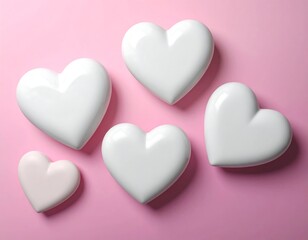 Fototapeta premium Five glossy white hearts rest against a vibrant pink backdrop