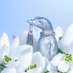 Silver Penguin Figurine with Tassel in Flowers