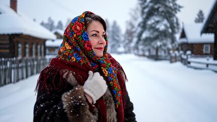 A Russian woman in a traditional floral scarf smiles in a snowy village. Portrait of a person in national costume during a winter snowfall. Russian culture and tradition