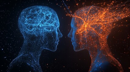 Two glowing human silhouettes with intricate neural patterns facing each other, representing connection and energy exchange.