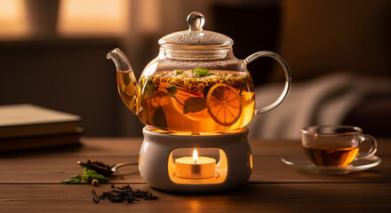 A glass teapot filled with herbal tea, lemon slices, and mint leaves, resting on a ceramic candle tea warmer on a wooden table