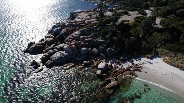 Boulders And Beach, Sloop Rock Lookout In Binalong Bay, Tasmania, Australia - Aerial Pullback