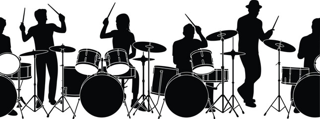 Drummer band silhouettes performing live concert, percussion music rhythm, energetic musicians, stage performance, black white vector illustration, design, set, collection