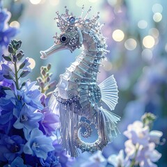 Glamorous Seahorse with Jewels in Floral Scene