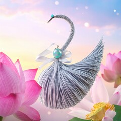 Elegant Tassel Swan with Gem Among Lotus Flowers