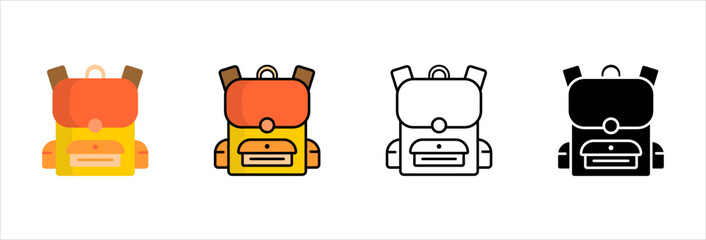 Student backpack icons set for daily school activity