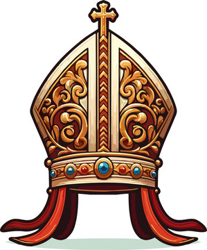Ornate bishop mitre with gold filigree cross and red lappets
