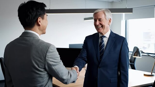 Two business professionals shake hands in a modern office setting symbolizing partnership agreement and successful collaboration for corporate success and growth