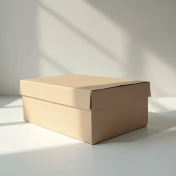 Blank kraft paper box with lid on white surface casting shadows. Minimalist packaging template for product presentation, shipping or gift boxes.