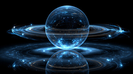 Glowing sphere with concentric light rings radiates energy, harmony, and cosmic balance, evoking futuristic, abstract, and meditative themes for digital and creative projects.