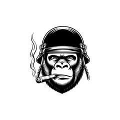 Aggressive black and white gorilla soldier mascot illustration with a helmet and cigar. Perfect for gaming, team logos, and military themes.