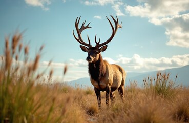 Obraz premium Majestic bull elk with large antlers stands alert in grassy marshland. Wind blows through reeds, tall grasses. Blue sky with clouds overhead. Mountains in distance. Wild animal in its natural habitat.