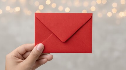 Hand Holding a Red Envelope for Anonymous Correspondence with Soft Background Bokeh Effect for Conceptual Use and Creative Projects