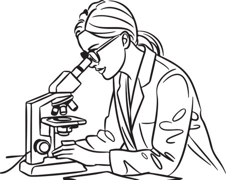 A line art illustration of a female scientist in a lab coat and safety glasses intently working with a microscope and taking notes.