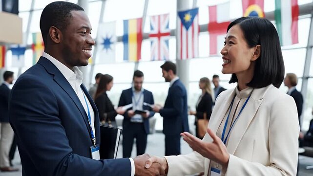Two diverse business professionals shake hands at an international conference symbolizing partnership and global collaboration in a modern bustling environment