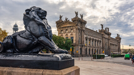 Columbus Square with the famous black statues of lions installed at the Universal Exposition in the city of Barcelona