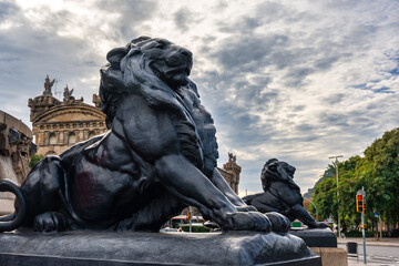 Columbus Square with the famous black statues of lions installed at the Universal Exposition in the city of Barcelona