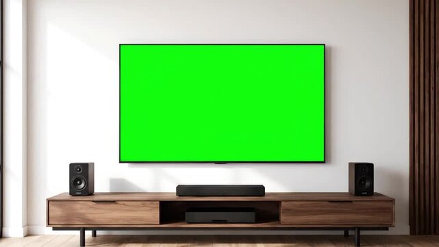 Modern entertainment setup featuring a large flat screen television with a vibrant green chroma key screen ready for custom video insertion in a contemporary living area