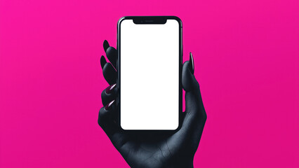 Hands holding blank smartphone screen on vivid pink background. Mobile app mockup concept.