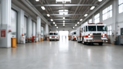 Obraz premium Interior of a Fire Station Showing Fire Engines and Equipment with Blurred Background, Evoking a Sense of Emergency Response and Community Safety