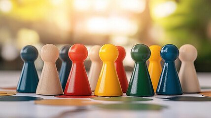 Colorful game pawns arranged in row on board conveying teamwork and playfulness in warm light