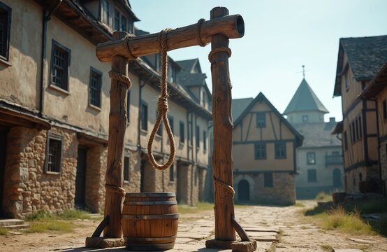 Wooden gallows with noose and barrel stand in old European town square. Medieval buildings line cobblestone street. Scene depicts historical public execution site for films.