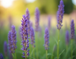 Obraz premium Field of blooming hyssop flowers in soft sunlight. Purple herbaceous plants grow tall with green stalks. Relaxing natural scene, gentle summer day.