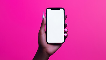 Hand holding blank smartphone screen on pink background. Mobile app mockup concept.