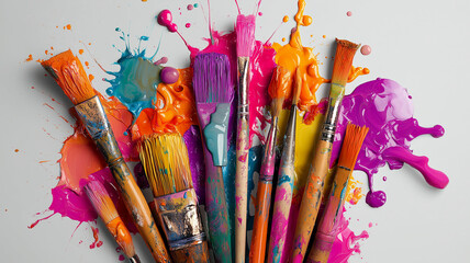 Colorful paint brushes with vibrant paint splashes and wet pigment on white background, creative art supplies, dynamic messy composition evoking energy and creativity