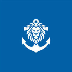 Powerful lion head combined with anchor symbol in white on blue background, bold vector logo 