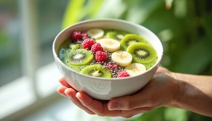 Person holds healthy green smoothie bowl with kiwi banana raspberry toppings. Fresh fruit breakfast is served in cafe. Natural light brightens tasty vegan meal.