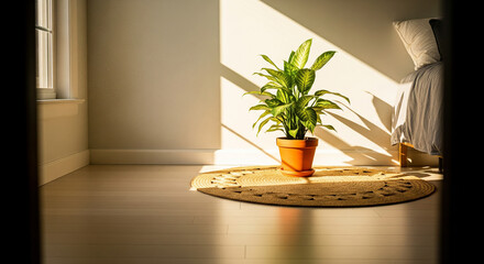 A potted green plant sitting in a bright patch of sunlight on a wooden floor in a minimalist room