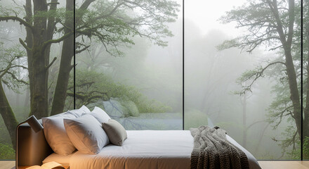 A luxury modern bedroom with a floor-to-ceiling glass wall overlooking a foggy, ethereal forest