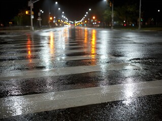 Empty City Crosswalk After Rain At Night With Streetlight Reflections On Wet Road Conveying Stillness Urban Rhythm And Late Hour Calm