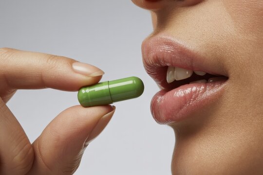 Woman taking green health supplement capsule for wellness