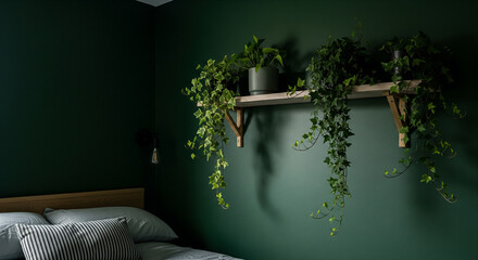 A wooden wall shelf with lush green trailing ivy plants against a deep emerald green wall in a moody, modern bedroom.