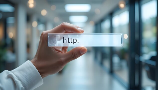 Person holding transparent http URL bar in modern office space