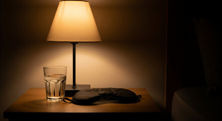 A glass of water and a silk sleep mask on a wooden nightstand illuminated by a warm bedside lamp