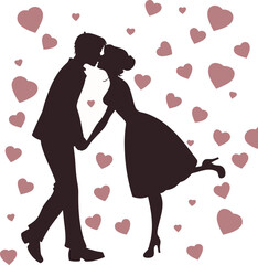 Romantic Silhouette of a Couple Kissing Surrounded by Hearts - Valentine's Day Concept