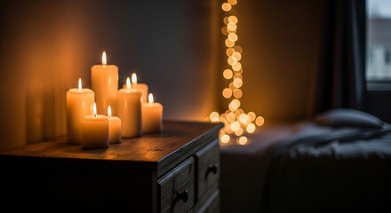 A group of lit pillar candles on a wooden dresser creating a cozy, warm atmosphere in a dim room