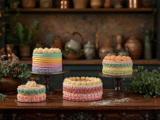 Buttercream cakes in vibrant pastel rainbow colors and a variety of decorations. This exquisite assortment of baked goods is the perfect dessert for any celebration or party.